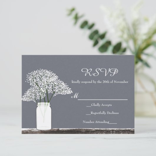 Baby's adem in Mason Jar Rustic Grey RSVP Card (Staand voorkant)