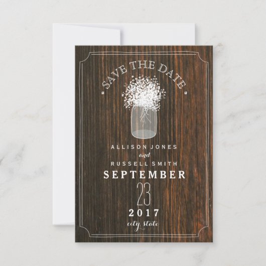 Baby's adem & Mason Jar Barn Wood sparen de datum Save The Date (Voorkant)