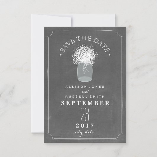 Baby's adem & Mason Jar Chalkboard sparen de datum Save The Date (Voorkant)