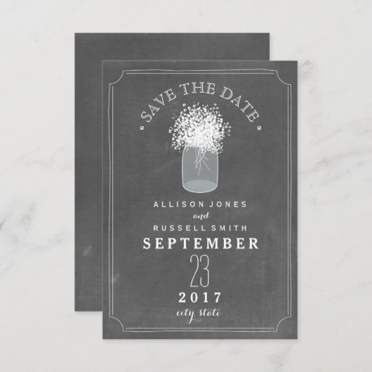 Baby's adem & Mason Jar Chalkboard sparen de datum Save The Date (Voorkant / Achterkant)