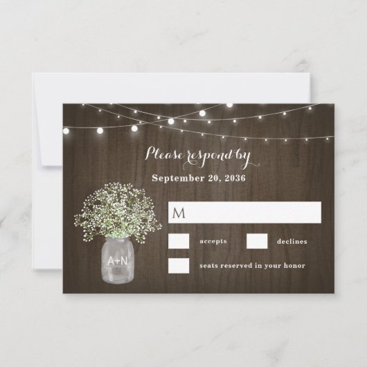 Baby's adem Mason Jar Rustieke Fairy Lights Bruilo RSVP Kaartje (Voorkant)