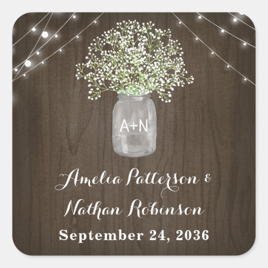Baby's adem Mason Jar Rustieke Fairy Lights Bruilo Vierkante Sticker (Voorkant)