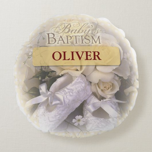 Baby's Baptisme Neutraal, Aangepast, Personalisere Rond Kussen (Voorkant)
