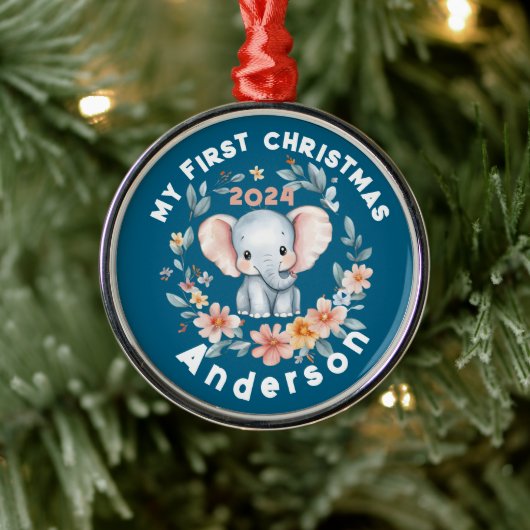 Baby's Boy Eerste kerst Schattigee olifant Metalen Ornament (Boom)