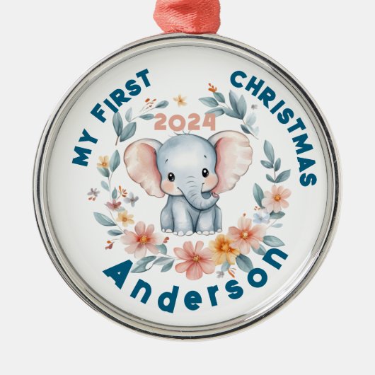 Baby's Boy Eerste kerst Schattigee olifant Metalen Ornament (Voorkant)
