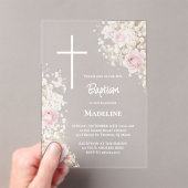Baby's Breath and pink roses Baptism Acryl Uitnodigingen (Insitu (Draagbaar))
