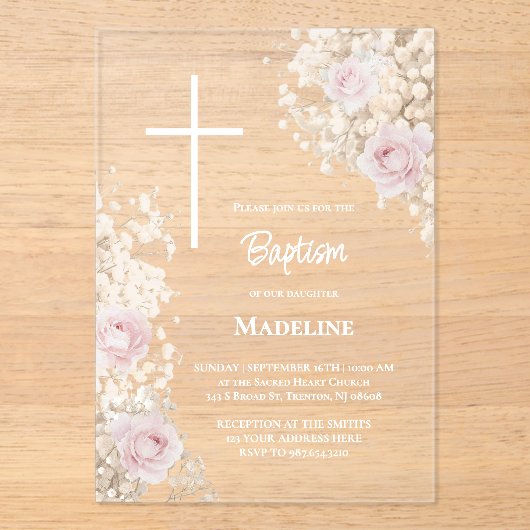 Baby's Breath and pink roses Baptism Acryl Uitnodigingen (Voorkant)