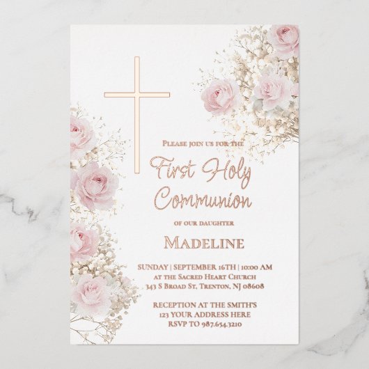baby's breath and pink roses First Communion Folie Uitnodiging (Voorkant)