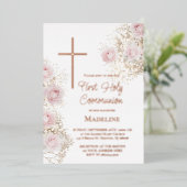 baby's breath and pink roses First Communion Folie Uitnodiging (Staand Voorkant)