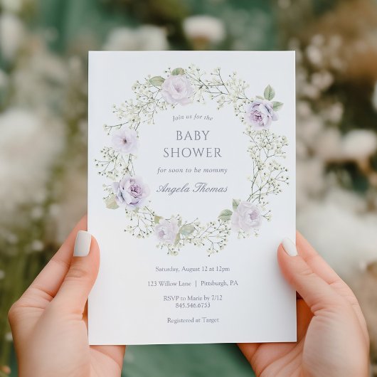 Baby's Breath and Purple Roses Baby Shower Kaart