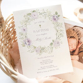 Baby's Breath and Purple Roses Baptism Invitation Kaart
