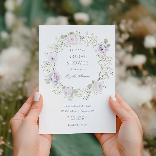 Baby's Breath and Purple Roses Bridal Shower Kaart