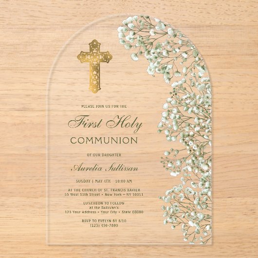 Baby's Breath Arch First Communion Acryl Uitnodigingen (Voorkant)