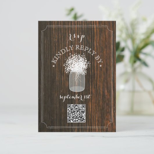 Baby's Breath Barn Wood Mason Jar QR Code RSVP Kaartje (Staand voorkant)