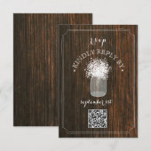 Baby's Breath Barn Wood Mason Jar QR Code RSVP Kaartje (Voorkant / Achterkant)