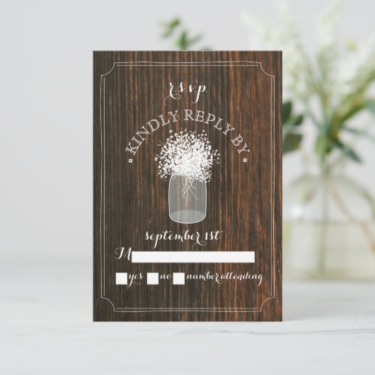 Baby's Breath Barn Wood Mason Jar RSVP (Staand voorkant)