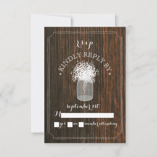 Baby's Breath Barn Wood Mason Jar RSVP Kaartje (Voorkant)