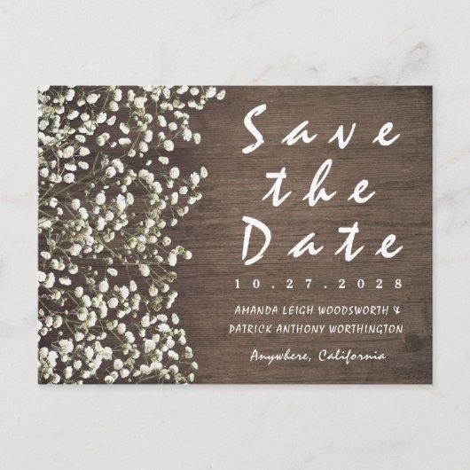 Baby's Breath Barn Wood Save The Date Cards Aankondigingskaart (Voorkant)