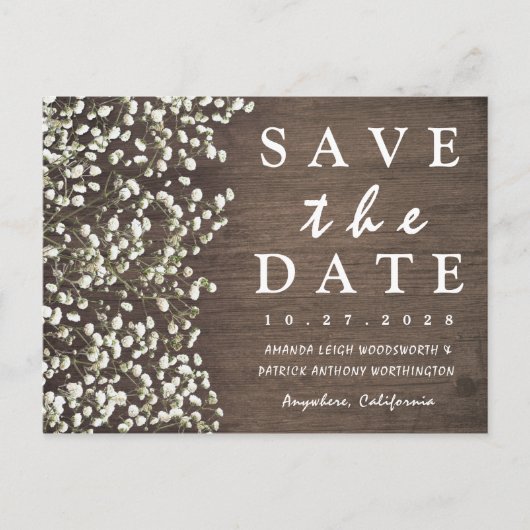 Baby's Breath Barn Wood Save The Date Cards Aankondigingskaart (Voorkant)