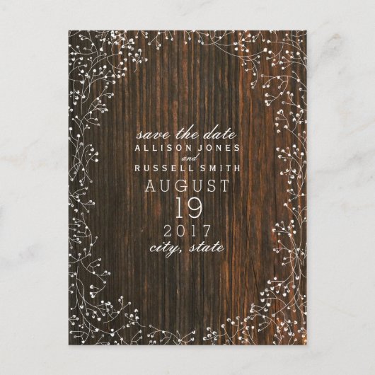 Baby's Breath Barnwood geïnspireerd Save the Date Aankondigingskaart (Voorkant)