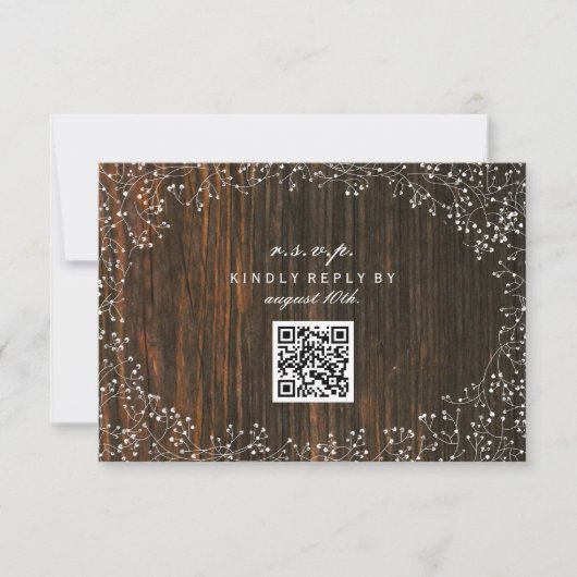 Baby's Breath Barnwood Geïnspireerde QR-code RSVP Kaartje (Voorkant)