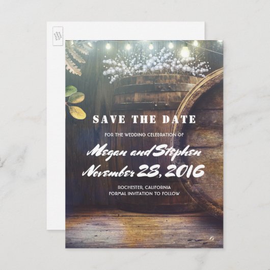 Baby's Breath Barrel Rustic Country Save the Date Aankondigingskaart (Voorkant / Achterkant)