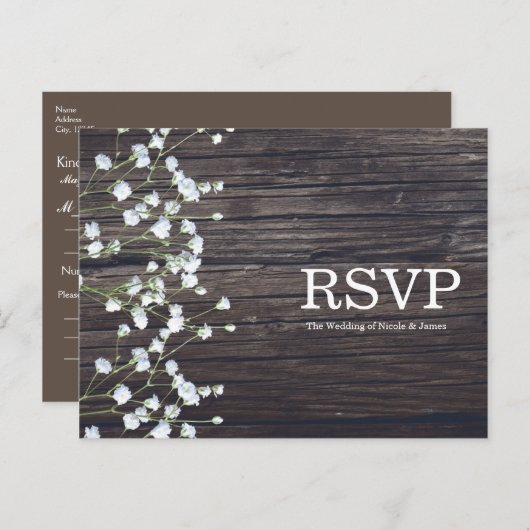 Baby's Breath bloem en donker rustiek hout RSVP Uitnodiging Briefkaart (Voorkant / Achterkant)