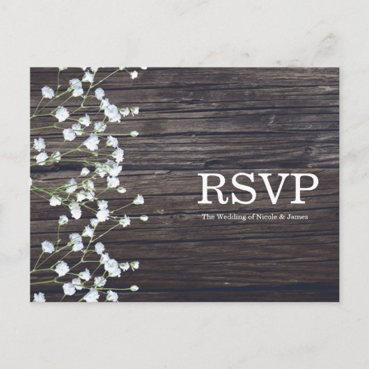 Baby's Breath bloem en donker rustiek hout RSVP Uitnodiging Briefkaart (Voorkant)
