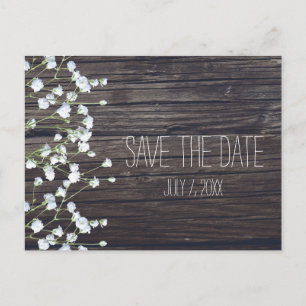 Baby's Breath Bloemen & Donker Rustiek Hout Bewaar Aankondigingskaart