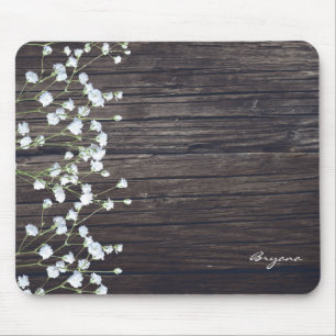 Baby's Breath Bloemen & Donker Rustiek Hout Landel Muismat
