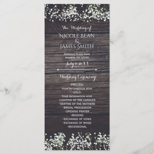 Baby's Breath Bloemen & Donker Rustiek Hout Progra Programmakaart (Voorkant)