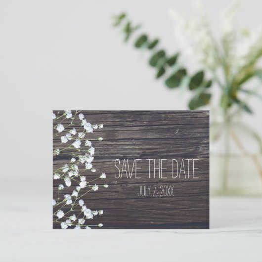 Baby's Breath Bloemen & Donker Rustieke Houten Sav Aankondigingskaart (Staand voorkant)