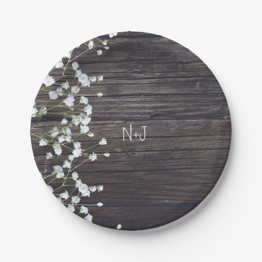 Baby's Breath Bloemen & Donker Rustieke Houten Tro Papieren Bordje (Voorkant)