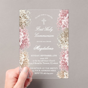Baby's Breath bloemen Eerste Communie Acryl Uitnodigingen
