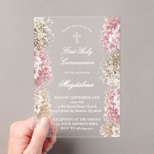 Baby's Breath bloemen |Eerste Communie Acryl Uitnodigingen (Insitu (Draagbaar))