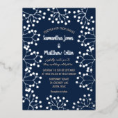 Baby's Breath Bloemen Marine Blauw Goud Folie Huwe Folie Uitnodiging (Voorkant)