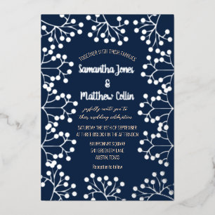 Baby's Breath Bloemen Marine Blauw Goud Folie Huwe Uitnodiging