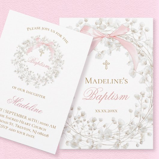 baby's breath bloemen roze strik Doop Kaart