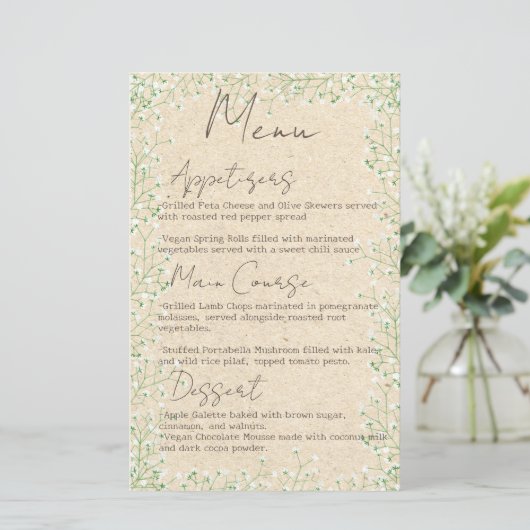 Baby's Breath Bloemen Rustieke Boho Trouwmenu (Staand voorkant)