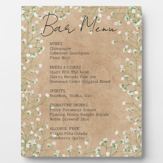 Baby's Breath Bloemen Rustieke Trouw Bar Menu Bord Fotoplaat (Voorkant)
