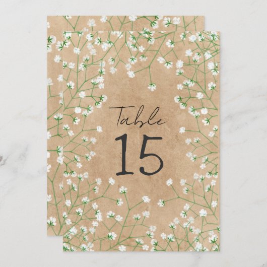 Baby's Breath Bloemen Rustieke Trouwtafel Nummer Feestdagenkaart (Voorkant / Achterkant)