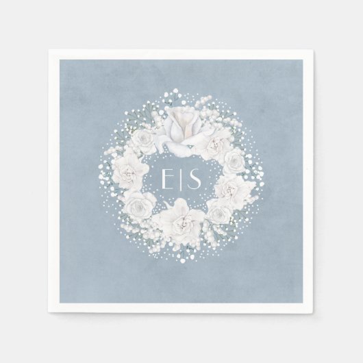 Baby's Breath Bloemen Wit en Stoffig Blauw Servetten (Voorkant)