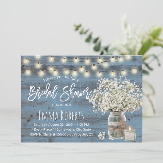 Baby's Breath Bloemenpot Stof Blauw Bruidsfeest Kaart (Staand voorkant)