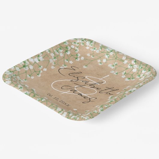 Baby's Breath Bloemige Rustieke Boho Boerderij Bru Papieren Bordje (Gebogen)