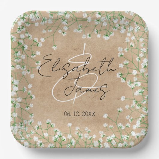 Baby's Breath Bloemige Rustieke Boho Boerderij Bru Papieren Bordje (Voorkant)