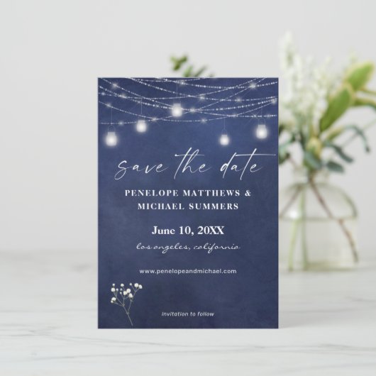 Baby's Breath Blue Chalkboard Fotobewaardatum Save The Date (Staand voorkant)
