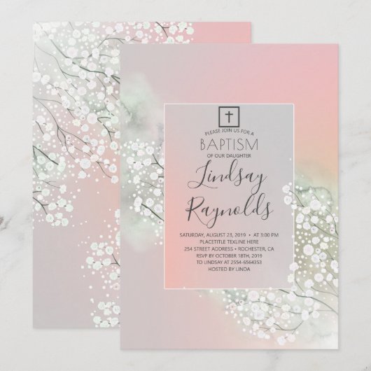 Baby's Breath Blush Roze Bloemen Meisjes Doop Kaart (Voorkant / Achterkant)