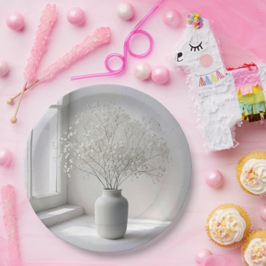 Baby's Breath Bouquet In White Vase Papieren Bordje (Feest)