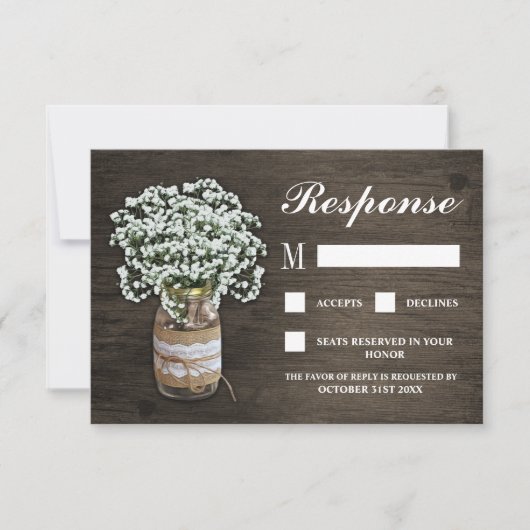 Baby's Breath Burlap Mason Jar Bruiloft RSVP Kaart (Voorkant)