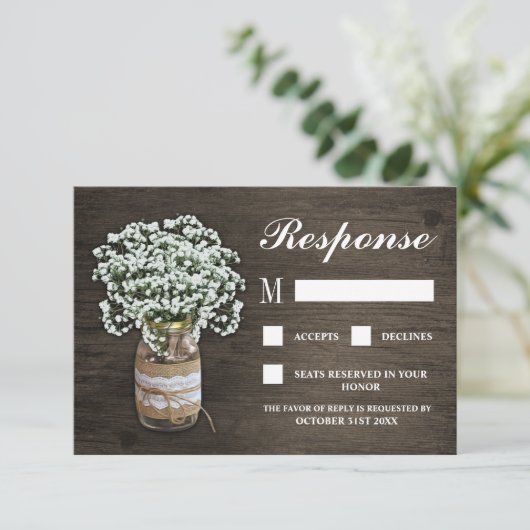 Baby's Breath Burlap Mason Jar Bruiloft RSVP Kaart (Staand voorkant)
